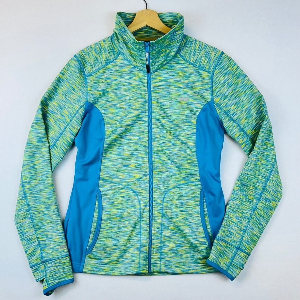 Koppen‎ Zip Jacket Womens L Blue Green Space Dye Athletic Thumbhole Mock Neck